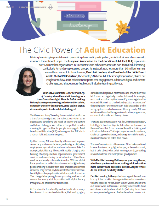 The Civic Power of Adult Education article with a photograph of AONTAS CEO, Dearbháil Lawless